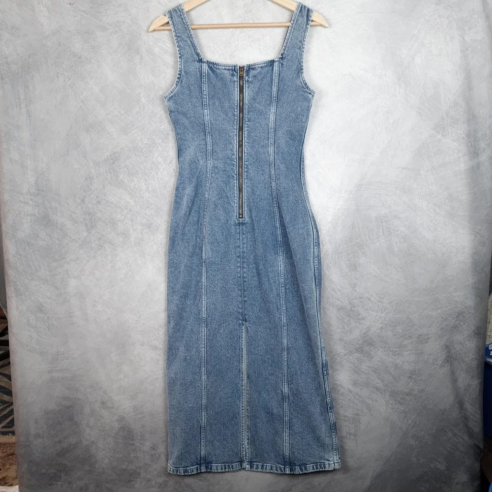 Abercrombie & Fitch Dress Womens XS Blue Denim Colomn Bodycon Midi Square Neck - Picture 12 of 16